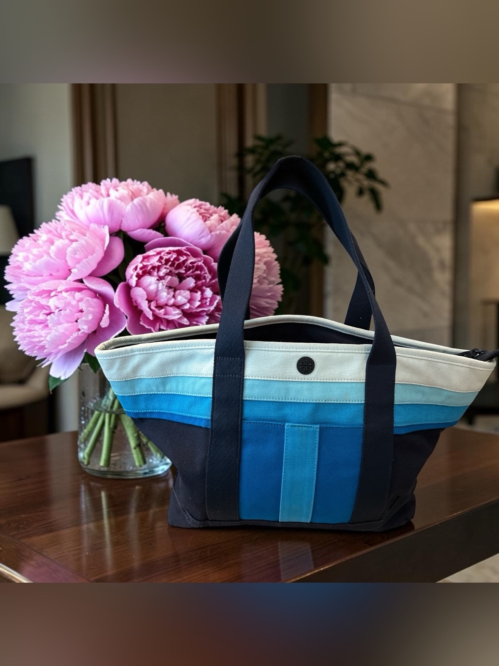 Tory Burch Large Blue Gradient Canvas Tote with Navy Handles